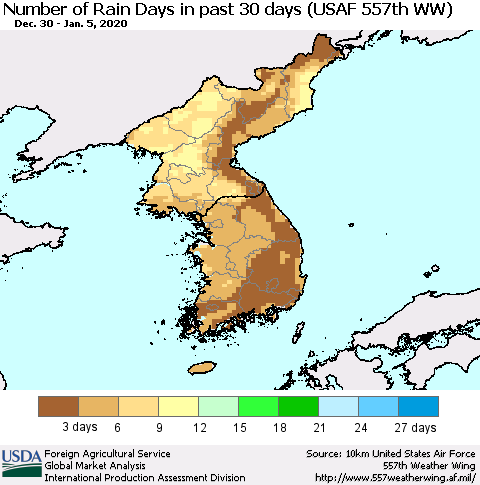 Korea Number of Rain Days in past 30 days (USAF 557th WW) 01/05/2020 Thematic Map For 12/30/2019 - 1/5/2020