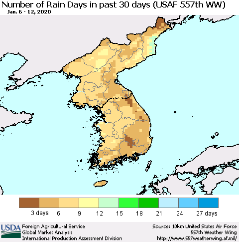 Korea Number of Rain Days in past 30 days (USAF 557th WW) 01/12/2020 Thematic Map For 1/6/2020 - 1/12/2020