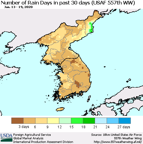Korea Number of Rain Days in past 30 days (USAF 557th WW) 01/19/2020 Thematic Map For 1/13/2020 - 1/19/2020