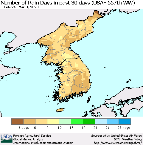 Korea Number of Rain Days in past 30 days (USAF 557th WW) 03/01/2020 Thematic Map For 2/24/2020 - 3/1/2020