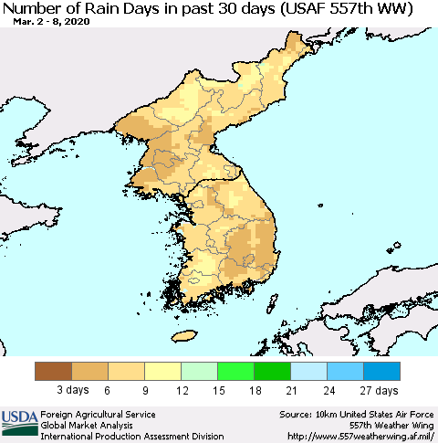 Korea Number of Rain Days in past 30 days (USAF 557th WW) 03/08/2020 Thematic Map For 3/2/2020 - 3/8/2020