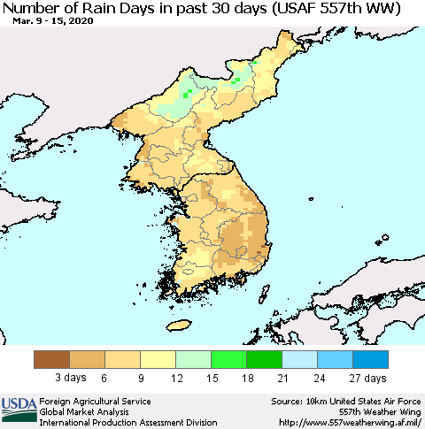 Korea Number of Rain Days in past 30 days (USAF 557th WW) 03/15/2020 Thematic Map For 3/9/2020 - 3/15/2020