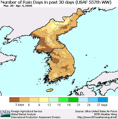 Korea Number of Rain Days in past 30 days (USAF 557th WW) 04/05/2020 Thematic Map For 3/30/2020 - 4/5/2020
