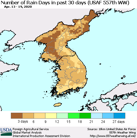 Korea Number of Rain Days in past 30 days (USAF 557th WW) 04/19/2020 Thematic Map For 4/13/2020 - 4/19/2020