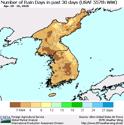 Korea Number of Rain Days in past 30 days (USAF 557th WW) 04/26/2020 Thematic Map For 4/20/2020 - 4/26/2020