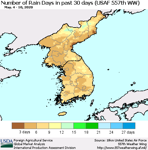 Korea Number of Rain Days in past 30 days (USAF 557th WW) 05/10/2020 Thematic Map For 5/4/2020 - 5/10/2020