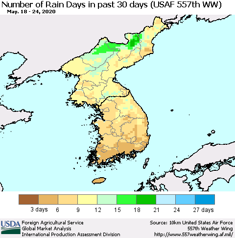 Korea Number of Rain Days in past 30 days (USAF 557th WW) 05/24/2020 Thematic Map For 5/18/2020 - 5/24/2020