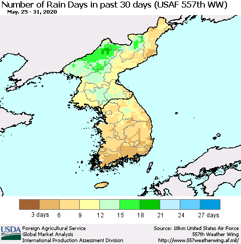 Korea Number of Rain Days in past 30 days (USAF 557th WW) 05/31/2020 Thematic Map For 5/25/2020 - 5/31/2020