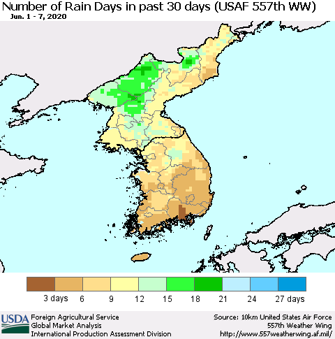 Korea Number of Rain Days in past 30 days (USAF 557th WW) 06/07/2020 Thematic Map For 6/1/2020 - 6/7/2020