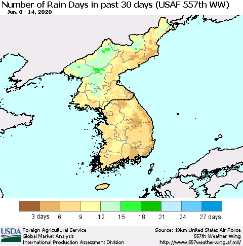 Korea Number of Rain Days in past 30 days (USAF 557th WW) 06/14/2020 Thematic Map For 6/8/2020 - 6/14/2020