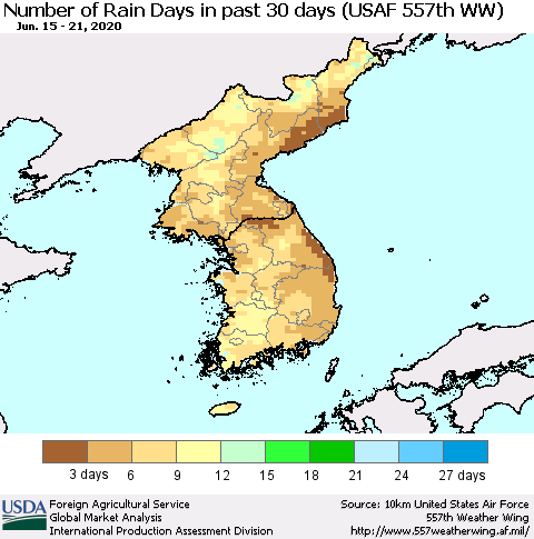 Korea Number of Rain Days in past 30 days (USAF 557th WW) 06/21/2020 Thematic Map For 6/15/2020 - 6/21/2020