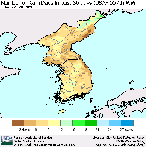 Korea Number of Rain Days in past 30 days (USAF 557th WW) 06/28/2020 Thematic Map For 6/22/2020 - 6/28/2020