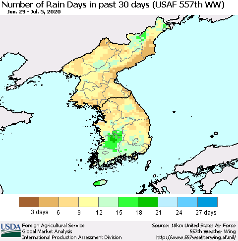 Korea Number of Rain Days in past 30 days (USAF 557th WW) 07/05/2020 Thematic Map For 6/29/2020 - 7/5/2020