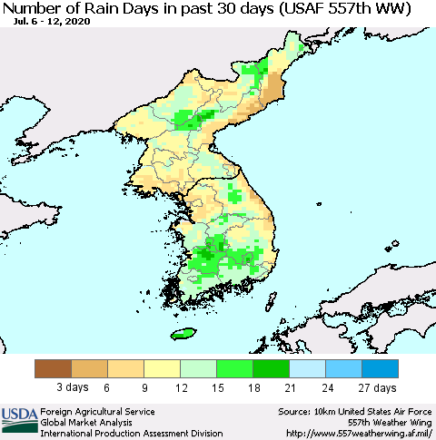 Korea Number of Rain Days in past 30 days (USAF 557th WW) 07/12/2020 Thematic Map For 7/6/2020 - 7/12/2020