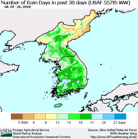 Korea Number of Rain Days in past 30 days (USAF 557th WW) 07/26/2020 Thematic Map For 7/20/2020 - 7/26/2020