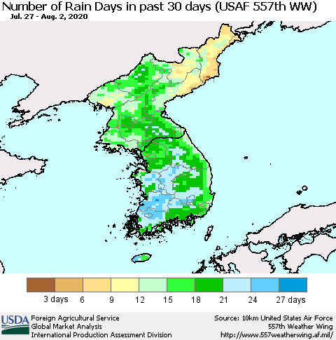 Korea Number of Rain Days in past 30 days (USAF 557th WW) 08/02/2020 Thematic Map For 7/27/2020 - 8/2/2020