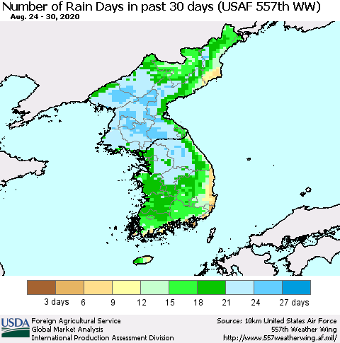Korea Number of Rain Days in past 30 days (USAF 557th WW) 08/30/2020 Thematic Map For 8/24/2020 - 8/30/2020