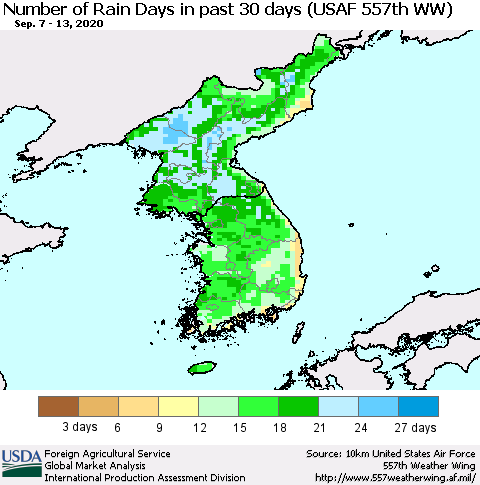 Korea Number of Rain Days in past 30 days (USAF 557th WW) 09/13/2020 Thematic Map For 9/7/2020 - 9/13/2020