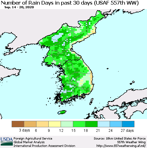 Korea Number of Rain Days in past 30 days (USAF 557th WW) 09/20/2020 Thematic Map For 9/14/2020 - 9/20/2020