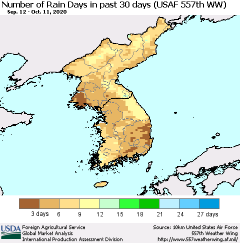 Korea Number of Rain Days in past 30 days (USAF 557th WW) 10/11/2020 Thematic Map For 10/5/2020 - 10/11/2020