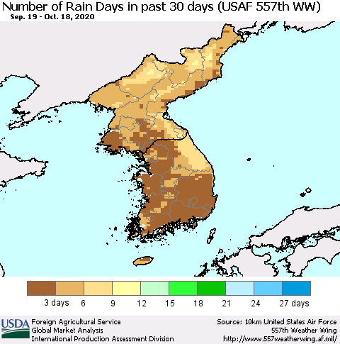 Korea Number of Rain Days in past 30 days (USAF 557th WW) 10/18/2020 Thematic Map For 10/12/2020 - 10/18/2020