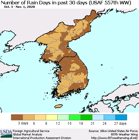 Korea Number of Rain Days in past 30 days (USAF 557th WW) 11/01/2020 Thematic Map For 10/26/2020 - 11/1/2020
