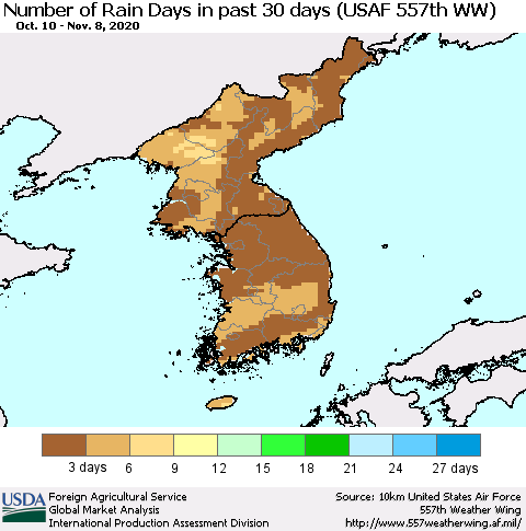 Korea Number of Rain Days in past 30 days (USAF 557th WW) 11/08/2020 Thematic Map For 11/2/2020 - 11/8/2020
