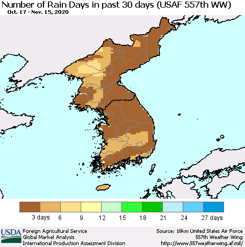 Korea Number of Rain Days in past 30 days (USAF 557th WW) 11/15/2020 Thematic Map For 11/9/2020 - 11/15/2020