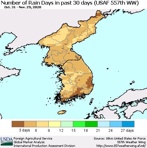 Korea Number of Rain Days in past 30 days (USAF 557th WW) 11/29/2020 Thematic Map For 11/23/2020 - 11/29/2020