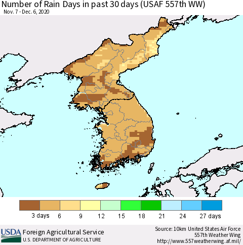Korea Number of Rain Days in past 30 days (USAF 557th WW) 12/06/2020 Thematic Map For 11/30/2020 - 12/6/2020
