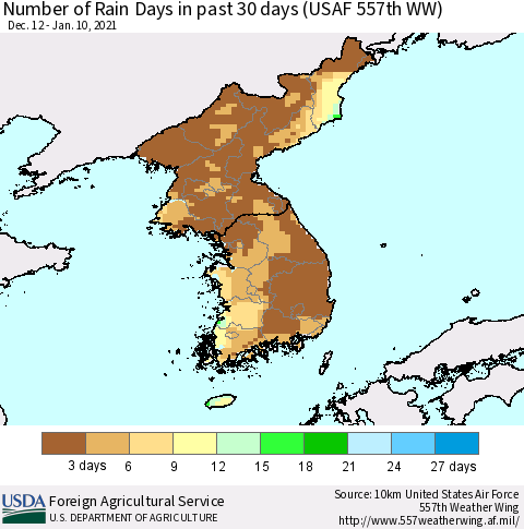 Korea Number of Rain Days in past 30 days (USAF 557th WW) 01/10/2021 Thematic Map For 1/4/2021 - 1/10/2021