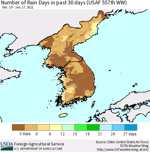Korea Number of Rain Days in past 30 days (USAF 557th WW) 01/17/2021 Thematic Map For 1/11/2021 - 1/17/2021