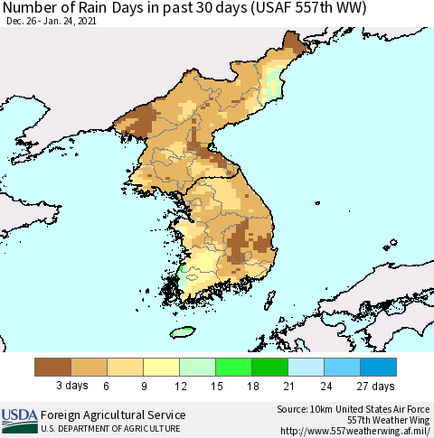 Korea Number of Rain Days in past 30 days (USAF 557th WW) 01/24/2021 Thematic Map For 1/18/2021 - 1/24/2021