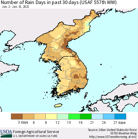 Korea Number of Rain Days in past 30 days (USAF 557th WW) 01/31/2021 Thematic Map For 1/25/2021 - 1/31/2021