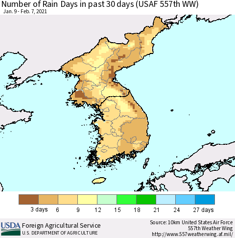 Korea Number of Rain Days in past 30 days (USAF 557th WW) 02/07/2021 Thematic Map For 2/1/2021 - 2/7/2021