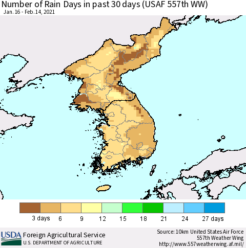 Korea Number of Rain Days in past 30 days (USAF 557th WW) 02/14/2021 Thematic Map For 2/8/2021 - 2/14/2021