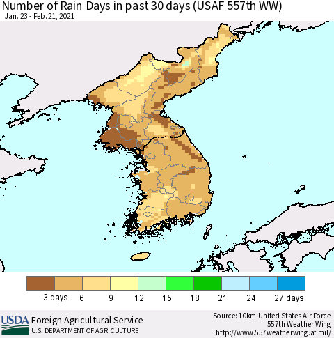 Korea Number of Rain Days in past 30 days (USAF 557th WW) 02/21/2021 Thematic Map For 2/15/2021 - 2/21/2021