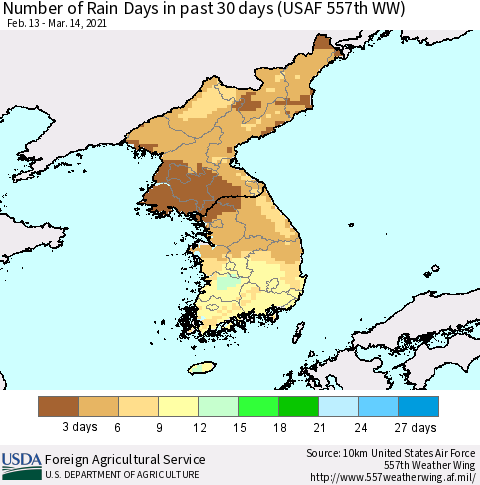 Korea Number of Rain Days in past 30 days (USAF 557th WW) 03/14/2021 Thematic Map For 3/8/2021 - 3/14/2021