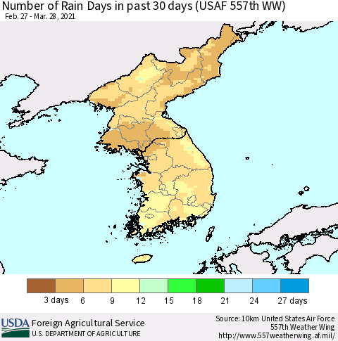 Korea Number of Rain Days in past 30 days (USAF 557th WW) 03/28/2021 Thematic Map For 3/22/2021 - 3/28/2021