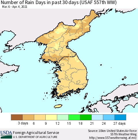 Korea Number of Rain Days in past 30 days (USAF 557th WW) 04/04/2021 Thematic Map For 3/29/2021 - 4/4/2021
