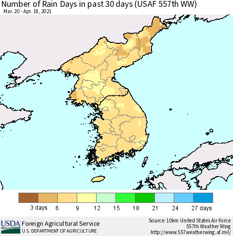 Korea Number of Rain Days in past 30 days (USAF 557th WW) 04/18/2021 Thematic Map For 4/12/2021 - 4/18/2021