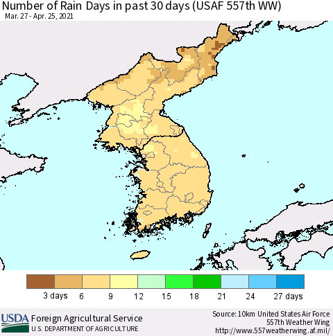 Korea Number of Rain Days in past 30 days (USAF 557th WW) 04/25/2021 Thematic Map For 4/19/2021 - 4/25/2021