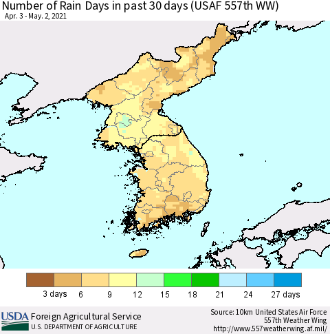 Korea Number of Rain Days in past 30 days (USAF 557th WW) 05/02/2021 Thematic Map For 4/26/2021 - 5/2/2021