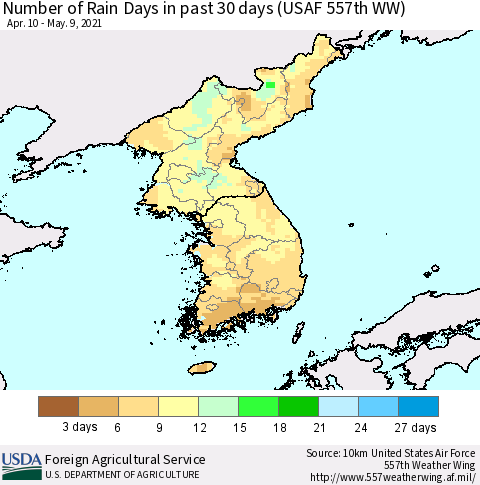 Korea Number of Rain Days in past 30 days (USAF 557th WW) 05/09/2021 Thematic Map For 5/3/2021 - 5/9/2021