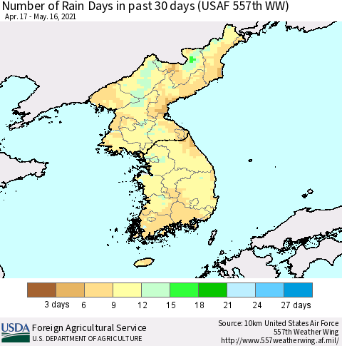 Korea Number of Rain Days in past 30 days (USAF 557th WW) 05/16/2021 Thematic Map For 5/10/2021 - 5/16/2021