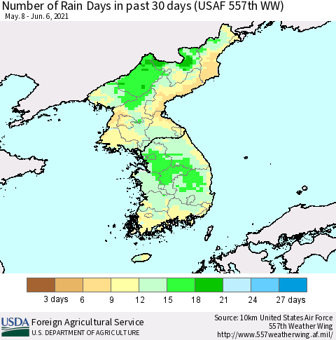 Korea Number of Rain Days in past 30 days (USAF 557th WW) 06/06/2021 Thematic Map For 5/31/2021 - 6/6/2021