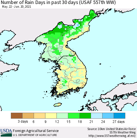 Korea Number of Rain Days in past 30 days (USAF 557th WW) 06/20/2021 Thematic Map For 6/14/2021 - 6/20/2021