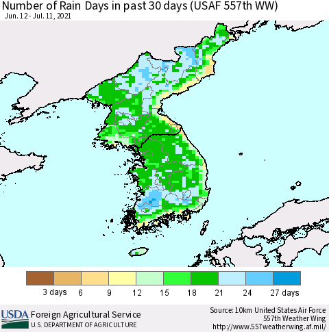 Korea Number of Rain Days in past 30 days (USAF 557th WW) 07/11/2021 Thematic Map For 7/5/2021 - 7/11/2021