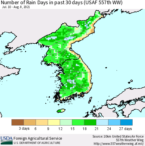 Korea Number of Rain Days in past 30 days (USAF 557th WW) 08/08/2021 Thematic Map For 8/2/2021 - 8/8/2021
