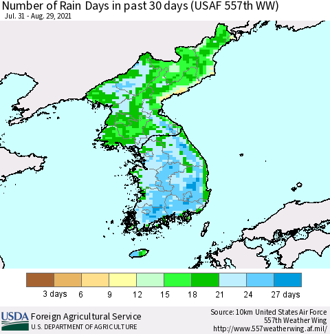 Korea Number of Rain Days in past 30 days (USAF 557th WW) 08/29/2021 Thematic Map For 8/23/2021 - 8/29/2021